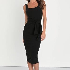 Black Ribbed Knit Tie-Front Midi Dress